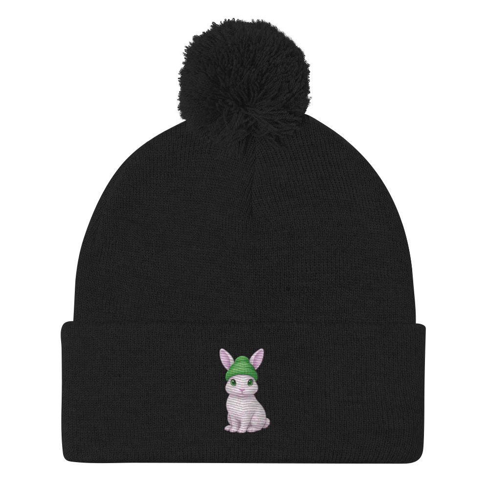 Rabbit Green Beanie - Pom-Pom Beanie - Black