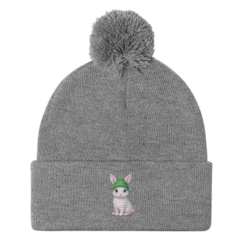 Rabbit Green Beanie - Pom-Pom Beanie - Heather Grey