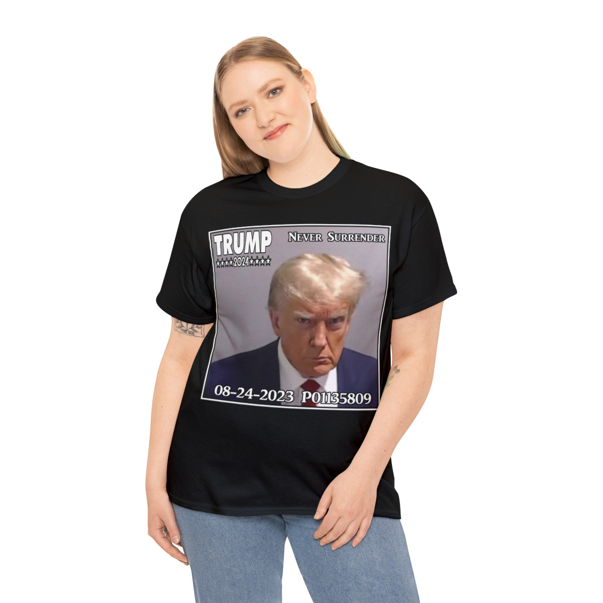 Trump Mugshot 8-24-23 Never Surrender Unisex Heavy Cotton Tee