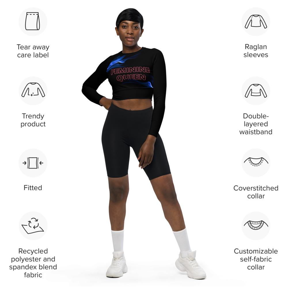 Recycled long-sleeve'Feminine Queen' crop top