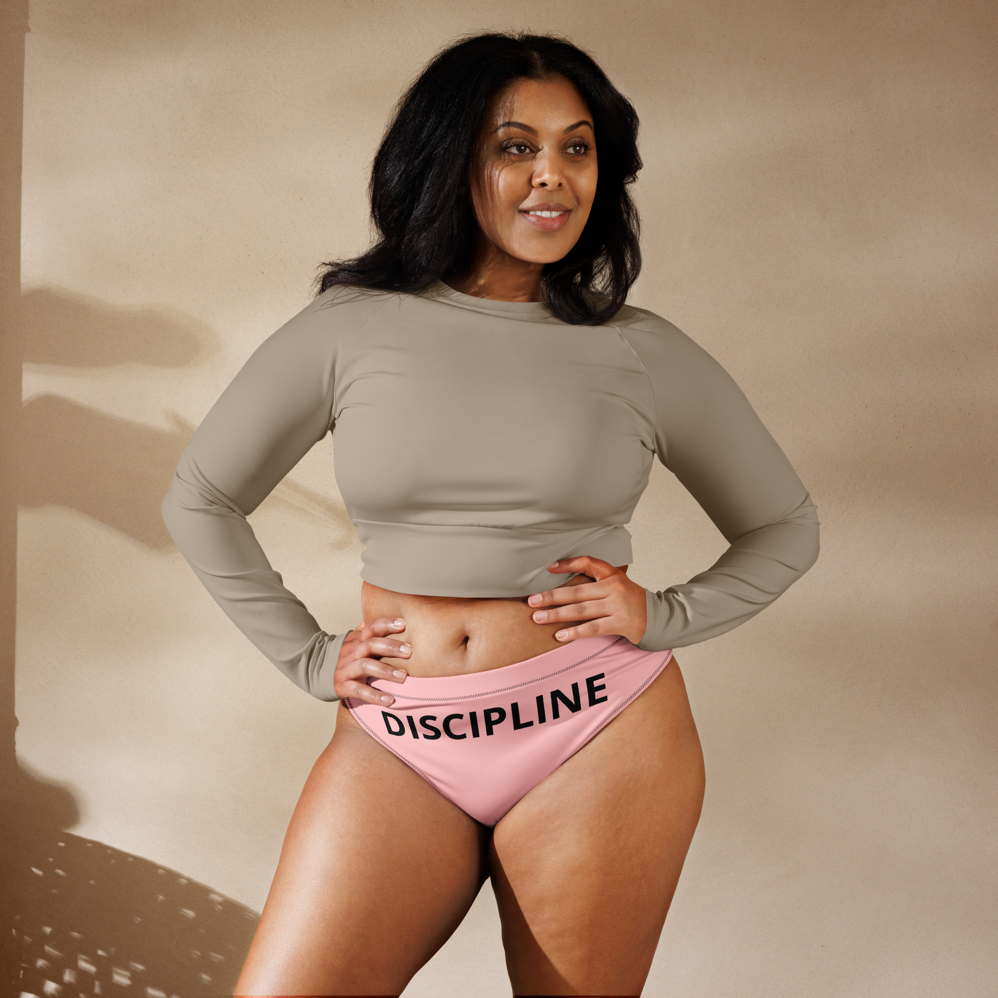 Recycled  'Discipline' (front) 'Yes, Daddy' (back) high-waisted bikini bottom
