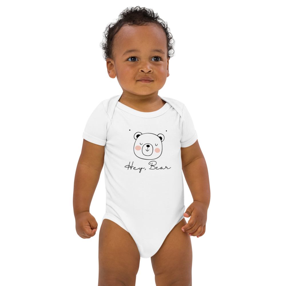 "Hey, Bear" 100% Organic Cotton Baby Bodysuit / Onesie - Super Soft and Sweet