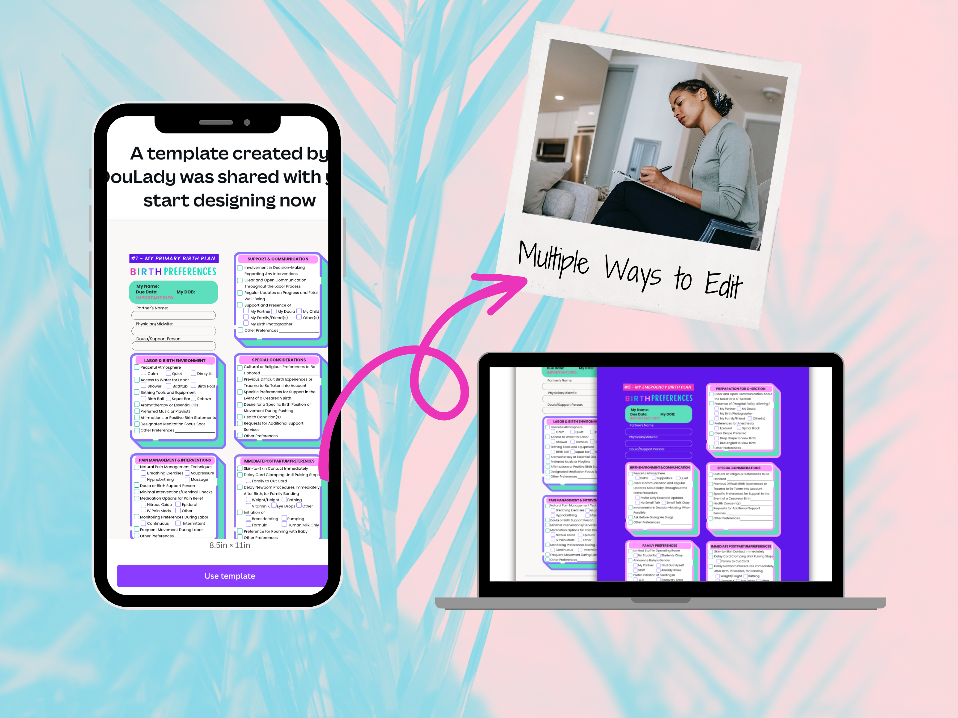 Birth Preferences Plan + Bonus Cesarean C-Section Plan - Fully Editable Birth Template and Emergency Preferences Template - 1-Page Comprehensive Plans