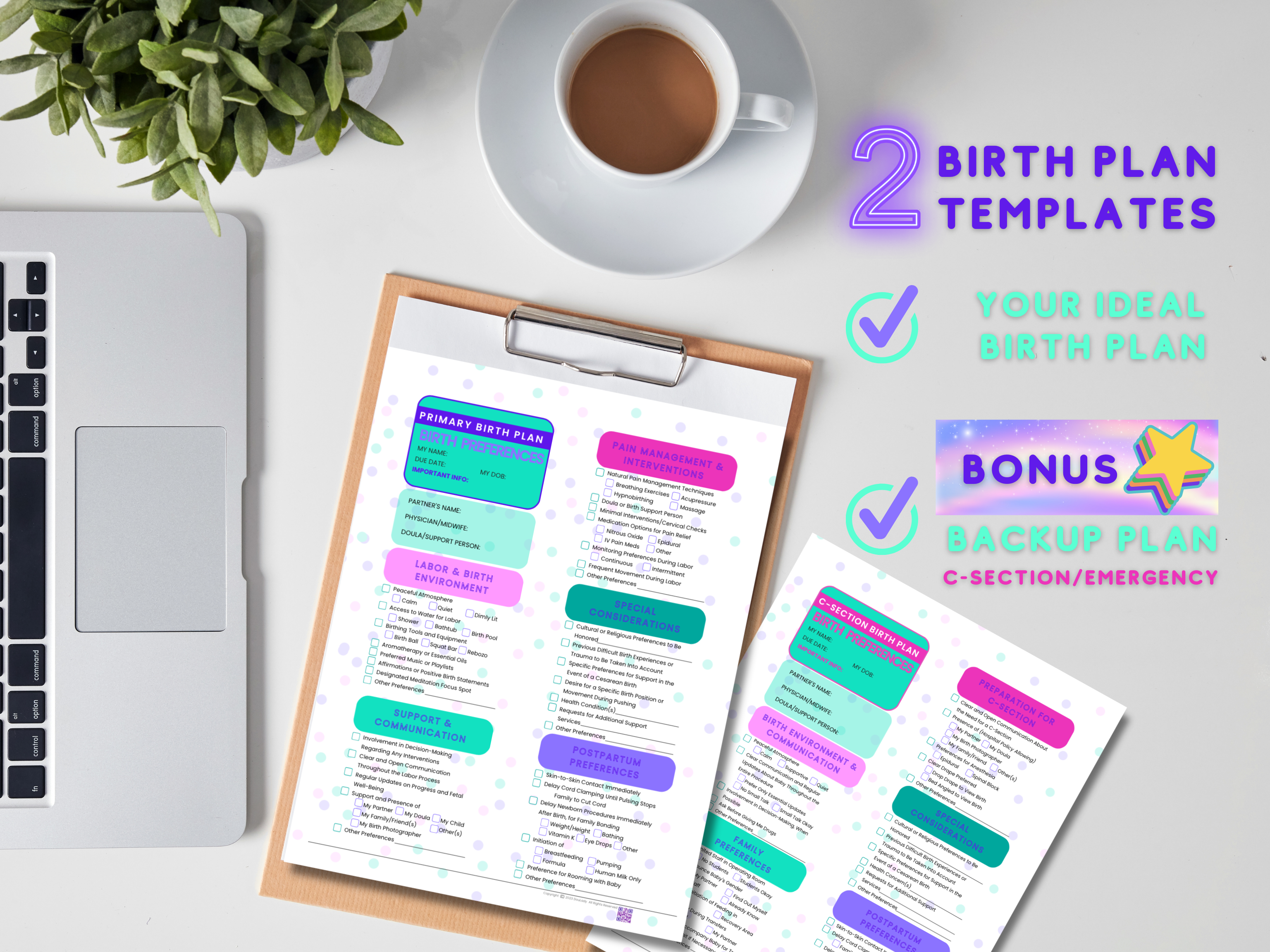 Birth Preferences Plan + Bonus Cesarean C-Section Preferences Plan - Fully Editable Doula-Created - Colorful Bubbles Style