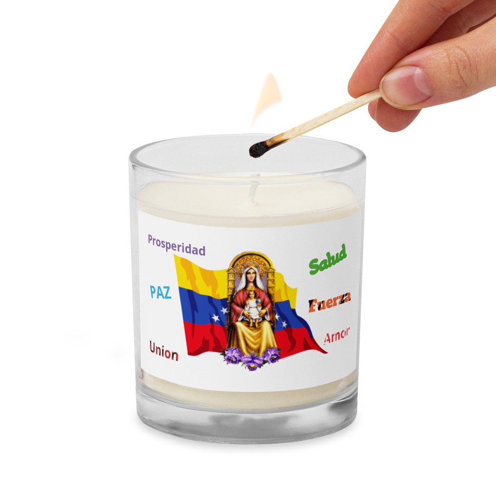 vaso de cristal con Vela de cera Virgen de coromoto
