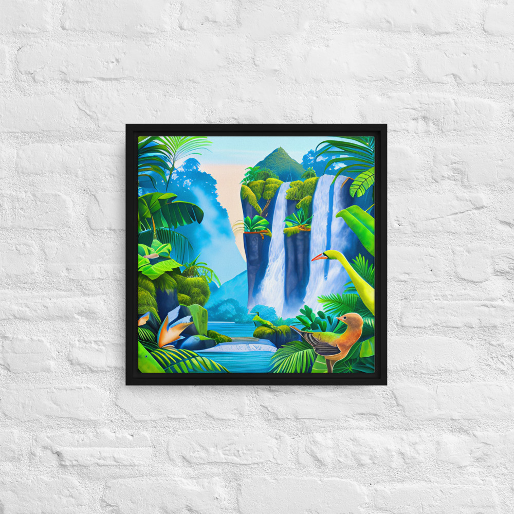 Jungle Waterfalls - 16" x 16" Framed Canvas Art