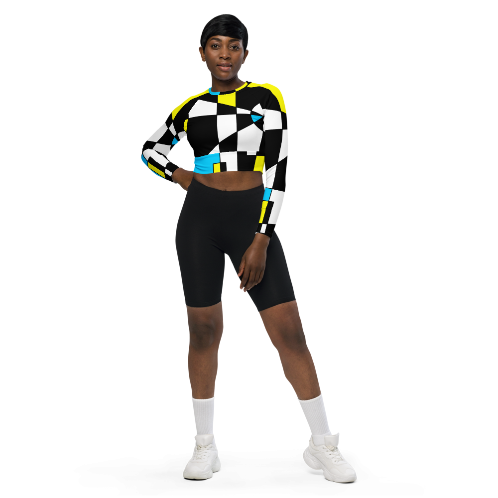 Check Face Turquoise Yellow Black White Recycled long-sleeve crop top