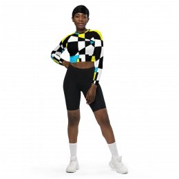 Check Face Turquoise Yellow Black White Recycled long-sleeve crop top