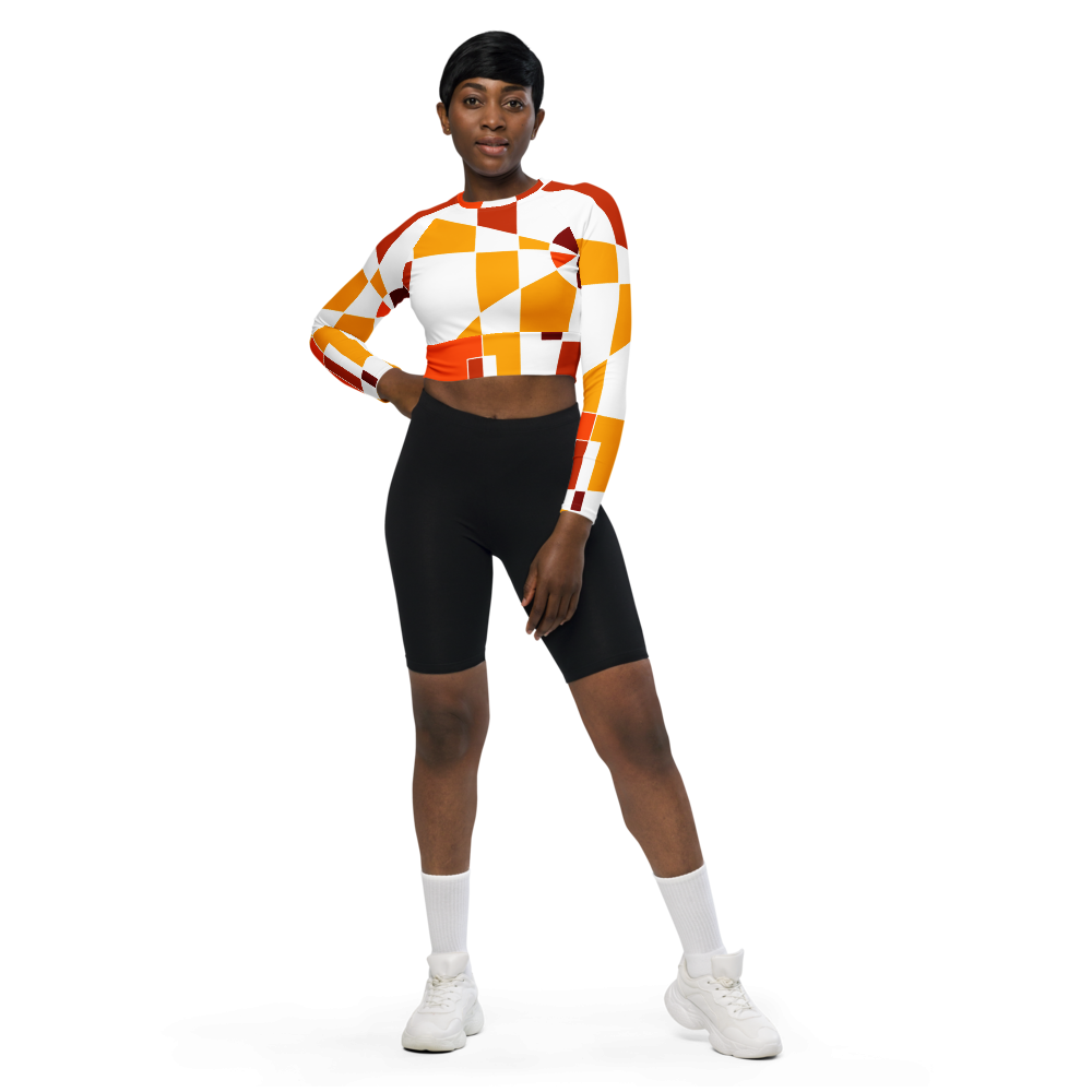 Check Face  Orange White Recycled long-sleeve crop top