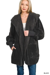 Hooded Faux Fur Jacket with Pockets