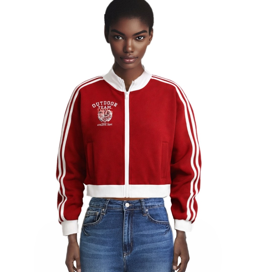 Contrast Stripe Cropped Fleece Jacket