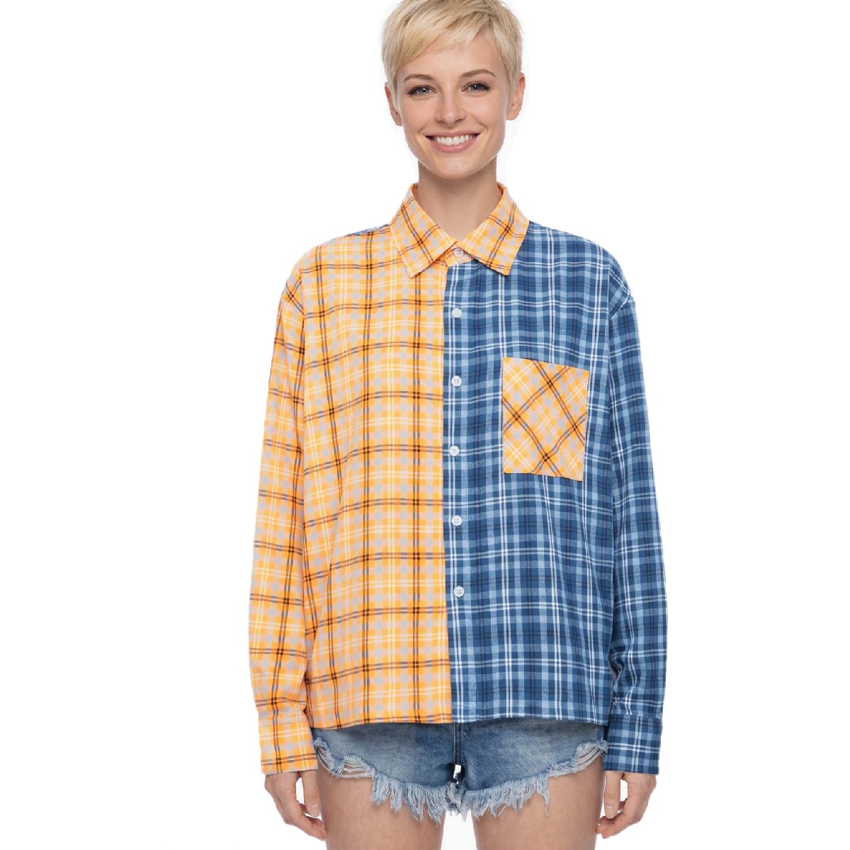 Oversized Plaid Color Block Shirt