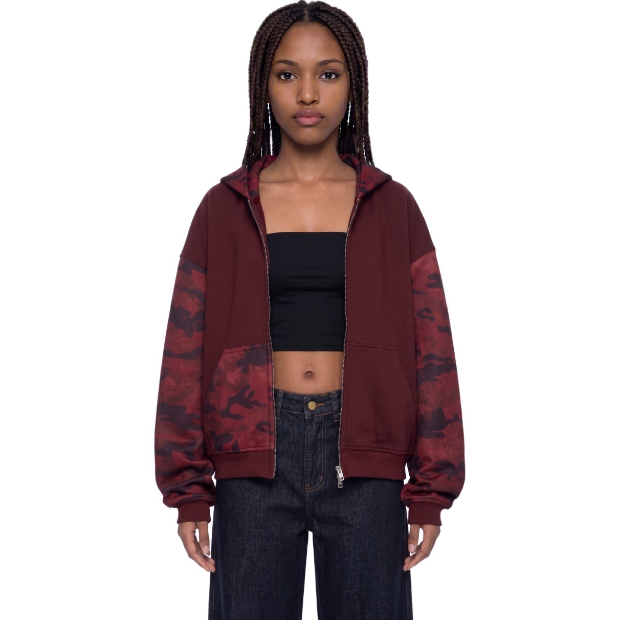 Colorblock Camo Full Zip Boxy Hoodie