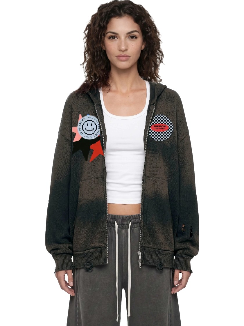Distressed Full Zip Knit Sweater