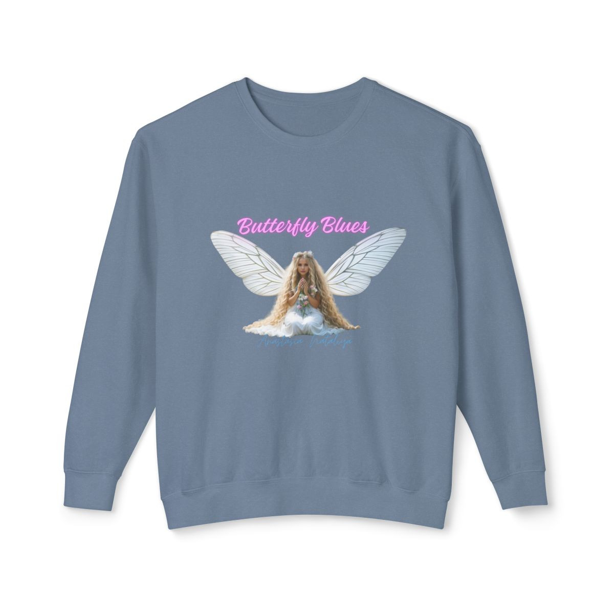 Anastasia's 'Butterfly Blues' Unisex Lightweight Crewneck Sweatshirt - Signature Art & Lyrics Edition - Blue