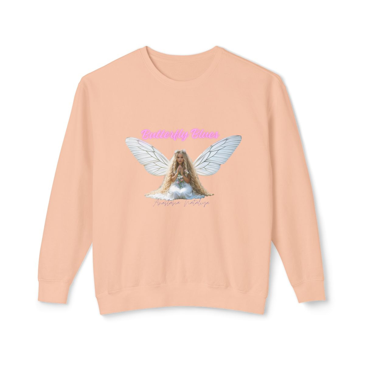 Anastasia's 'Butterfly Blues' Unisex Lightweight Crewneck Sweatshirt - Signature Art & Lyrics Edition - Peachy