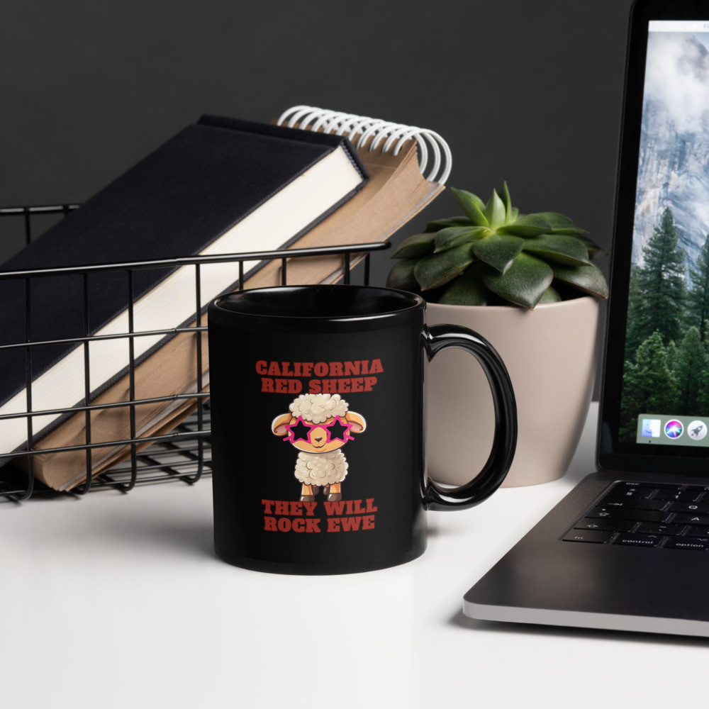 California Red Sheep They Will Rock Ewe Black Glossy Mug