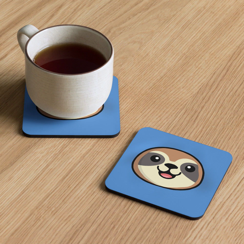 Symon (with a Y) the Sloth cork-back coaster