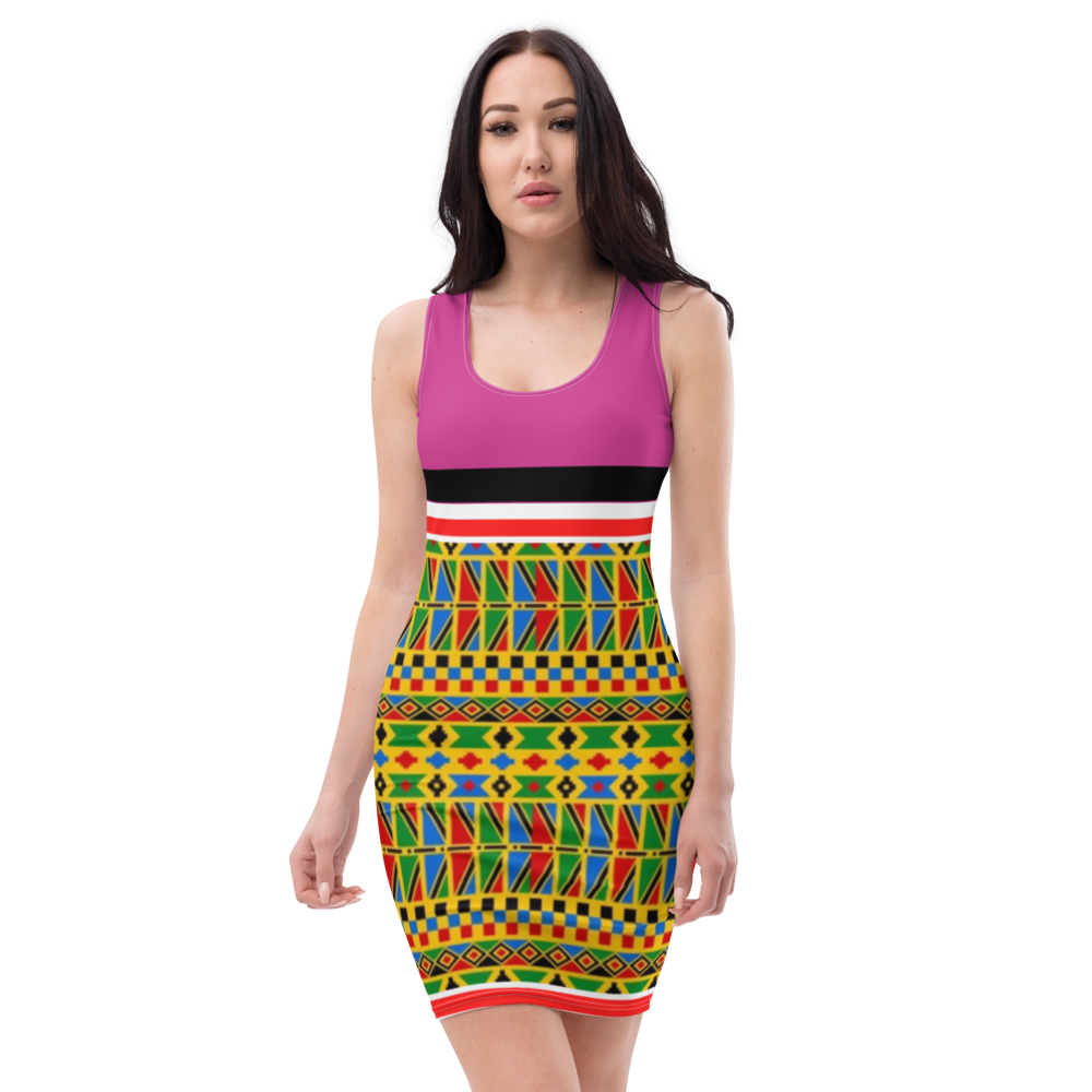 Ladies Party Wear African Print Dress With Deep Cerise Pink Background All-Over Printed Fitted Dress