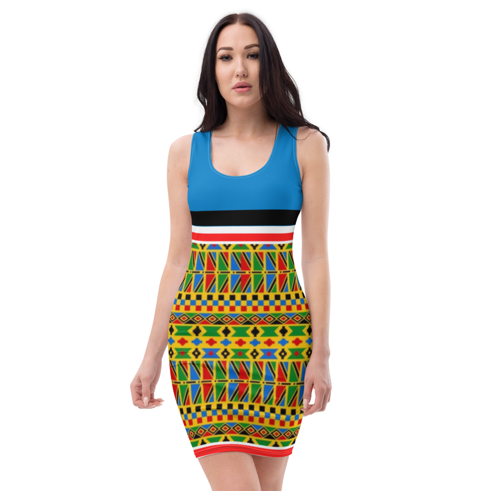 Ladies Party Wear African Print Dress With Navy Blue Background All-Over Printed Fitted Dress