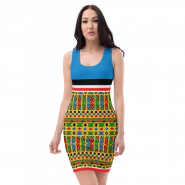 Ladies Party Wear African Print Dress With Navy Blue Background All-Over Printed Fitted Dress