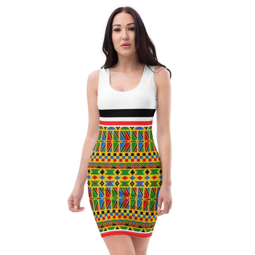 Ladies Party Wear African Print Dress With White Background All-Over Printed Fitted Pencil Dress