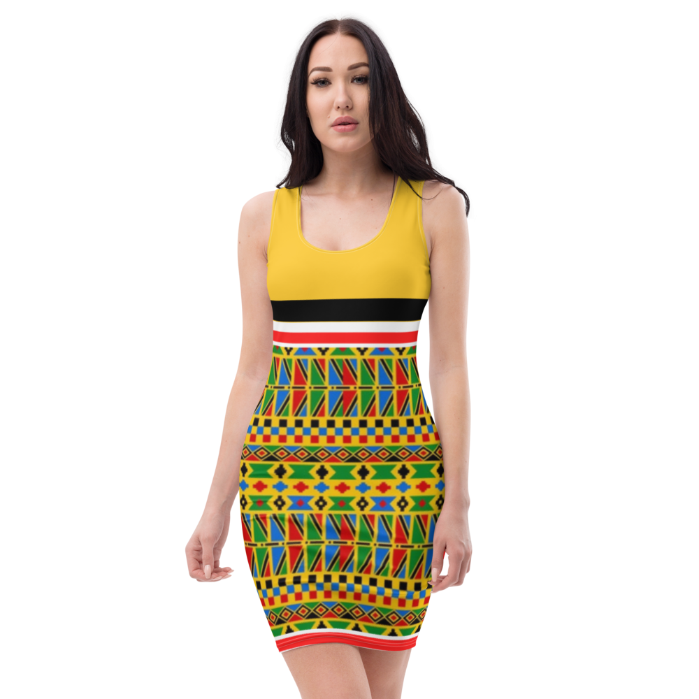 Ladies Party Wear African Print Dress With Yellow Background All-Over Printed Fitted Pencil Dress