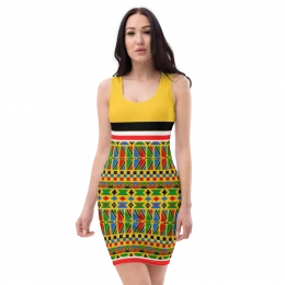Ladies Party Wear African Print Dress With Yellow Background All-Over Printed Fitted Pencil Dress