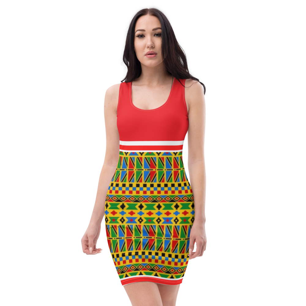 Ladies Party Wear African  Print With Alizarin Red And White Background All Over Printed Fitted Pencil Dress