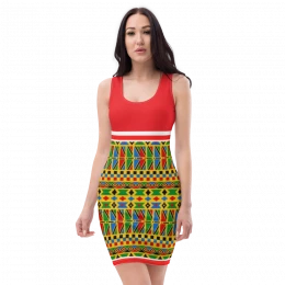 Ladies Party Wear African  Print With Alizarin Red And White Background All Over Printed Fitted Pencil Dress