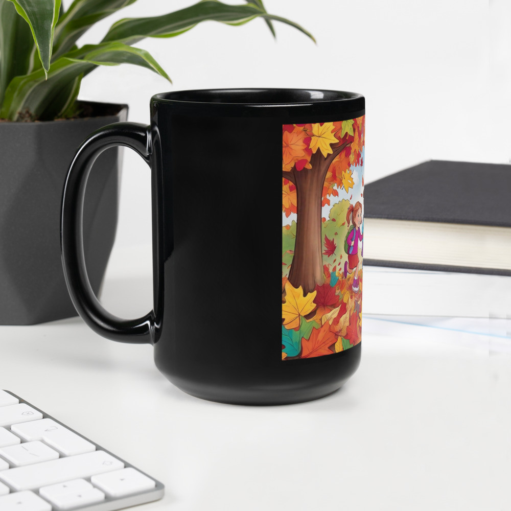 Kids Playing in the Leaves Black Glossy Mug