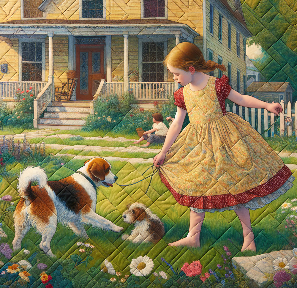 Child Playing with Dogs Quilt Block