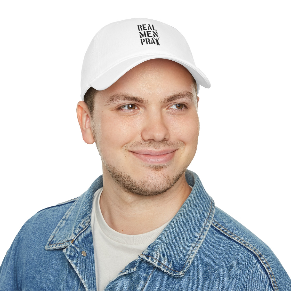 White Cap with Black Writing - Low Profile Baseball Cap