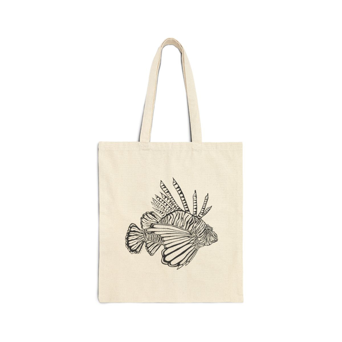 Lionfish Line Art Cotton Canvas Tote Bag - 15x16" size - Perfect for Beach Days & Everyday Use