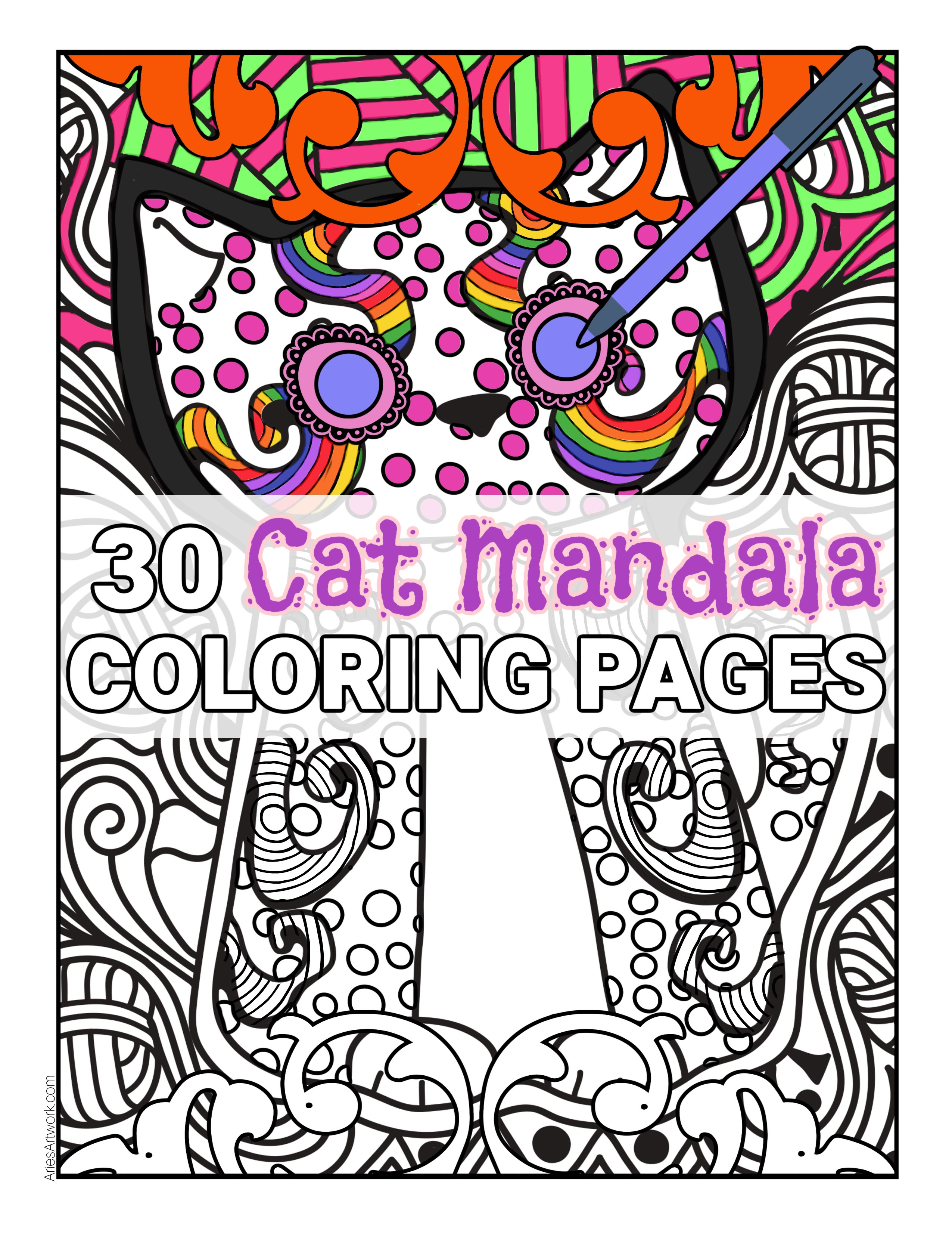 30 Printable Cat Mandala Adult Coloring Pages - Digital Download