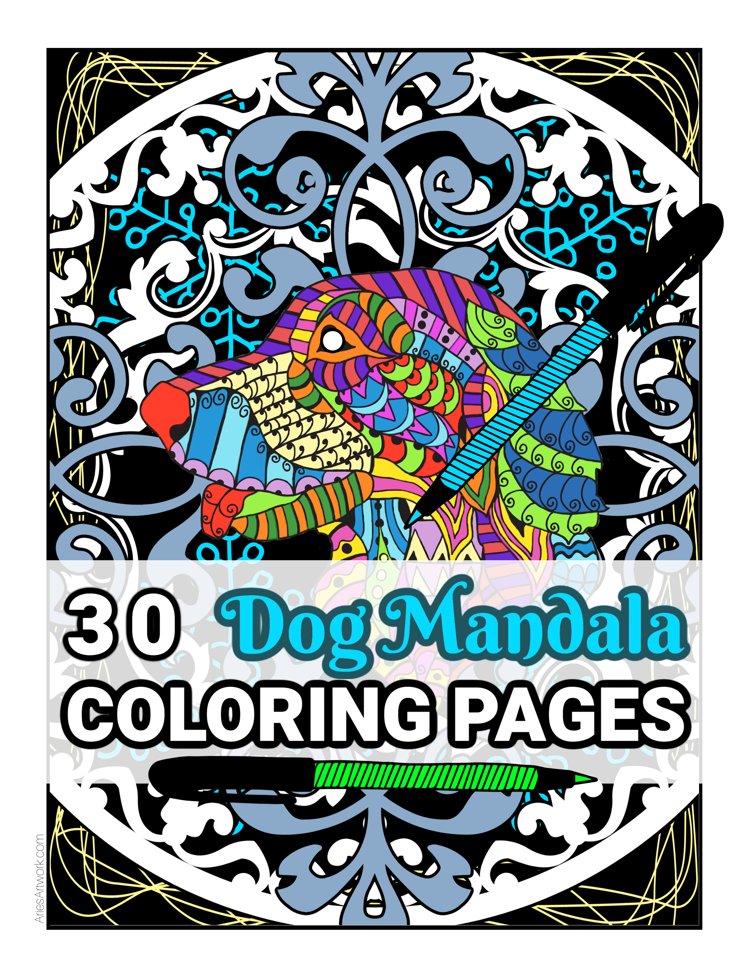 30 Printable Dog Mandala Adult Coloring Pages - Digital Download