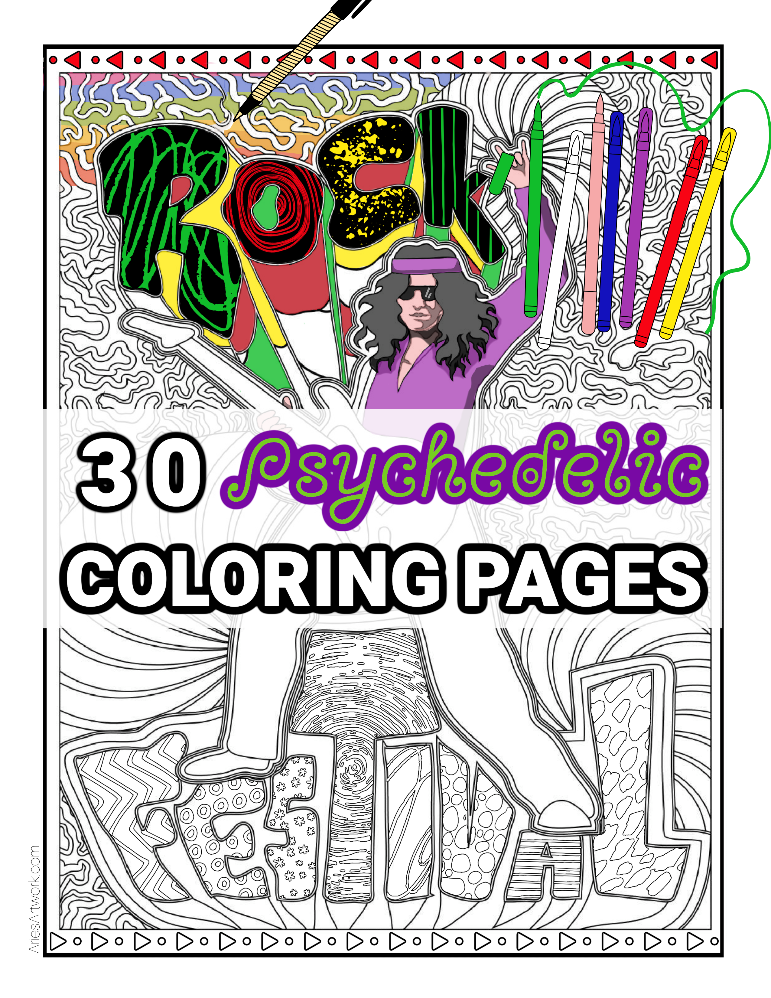 30 Printable Psychedelic Adult Coloring Pages - Digital Download