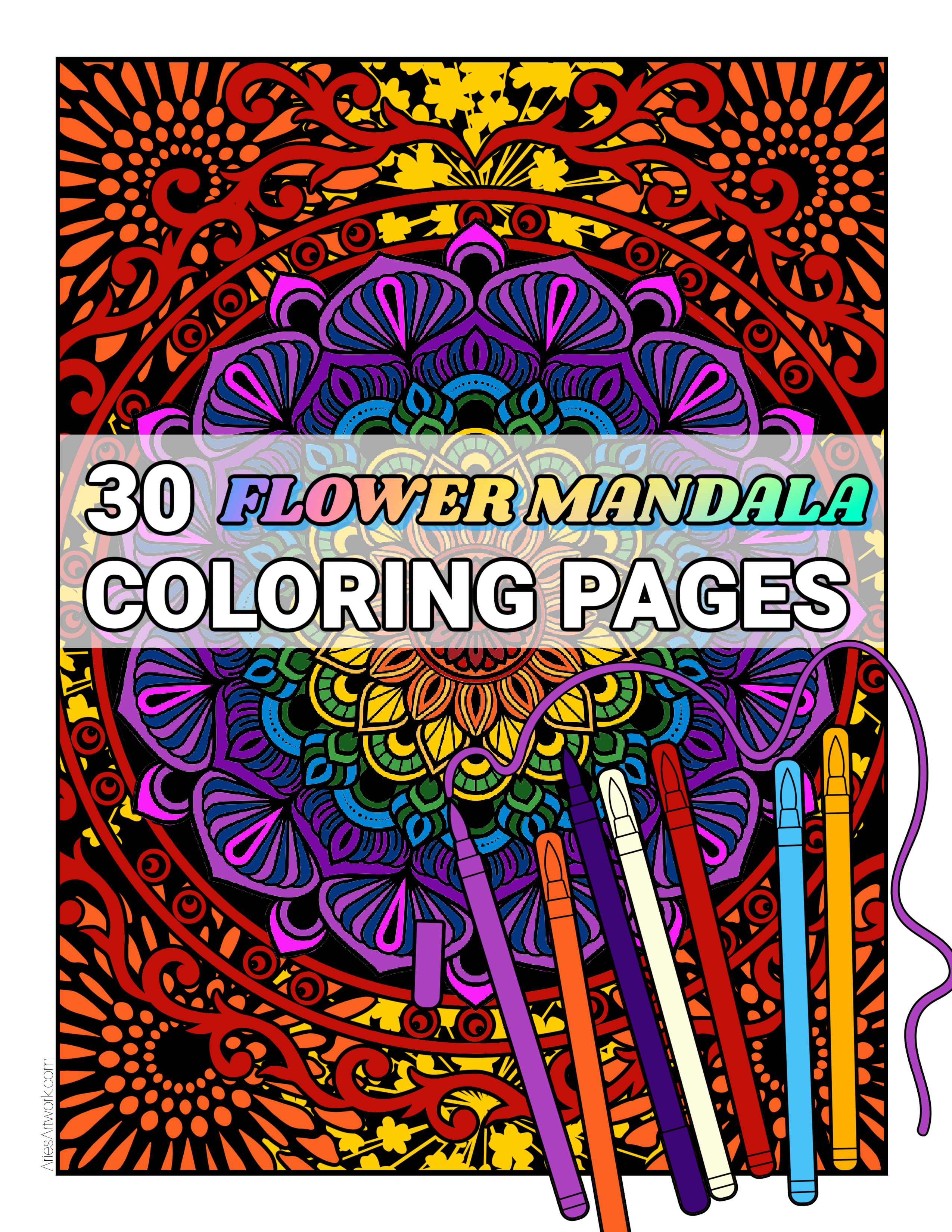 30 Printable Flower Mandala Adult Coloring Pages - Digital Download
