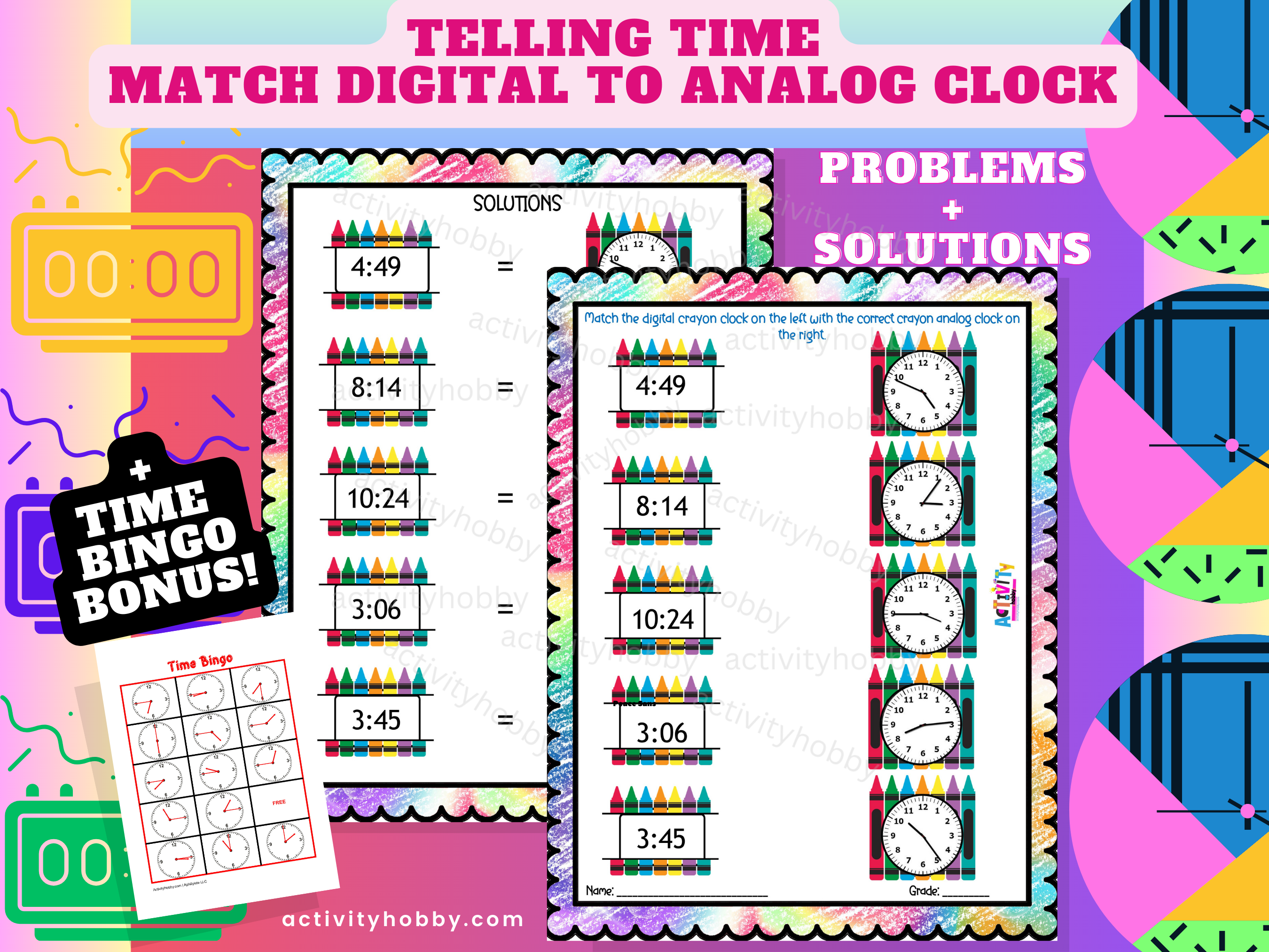 Crayon Match Analog To Digital Clock Telling Time Pack W/ Time Bingo Pack (V1)