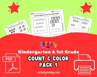 Kindergarten & 1st Grade - Count And Color Worksheet Pack 1