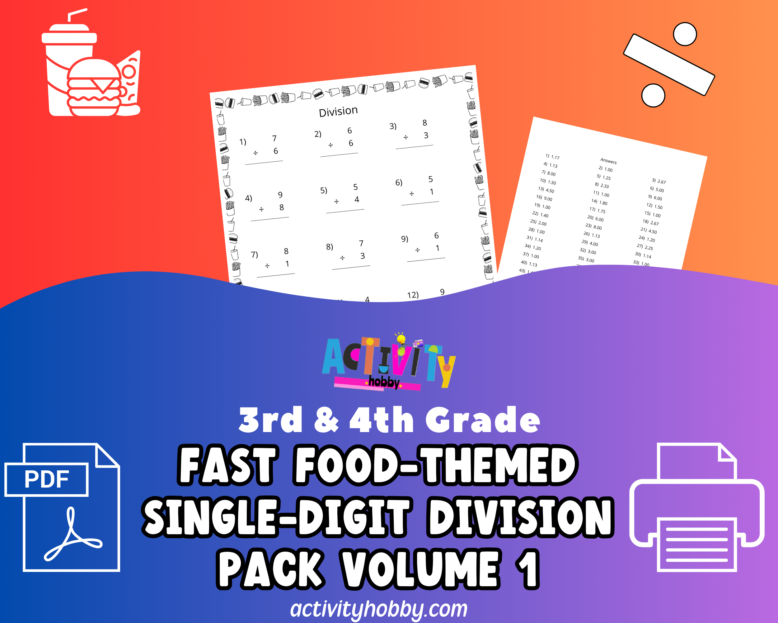 3rd & 4th Grade - Fast Food Fun with Math Division Pack - Single-Digit