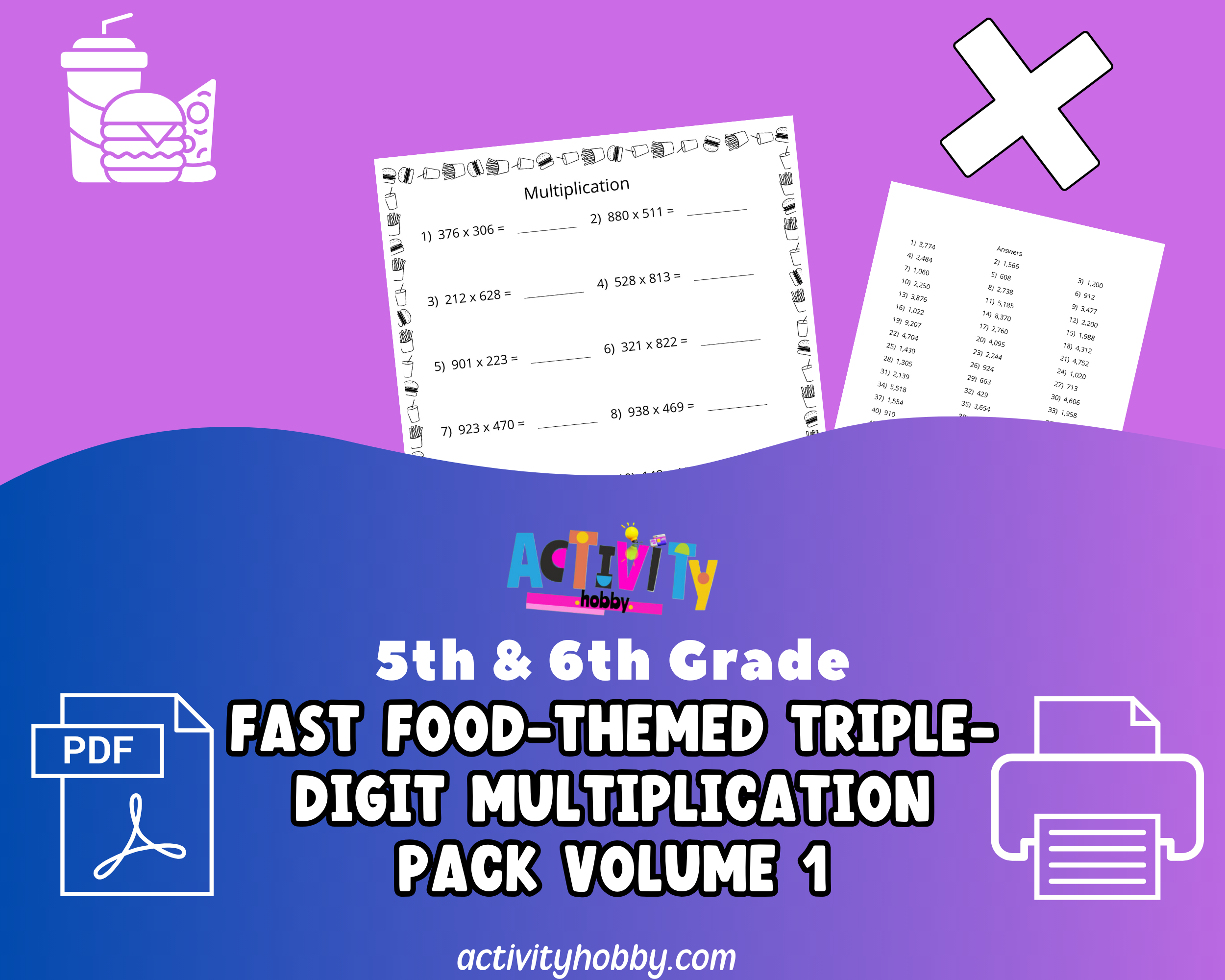 5th & 6th Grade - Fast Food Fun with Math Multiplication Pack - Triple-Digit