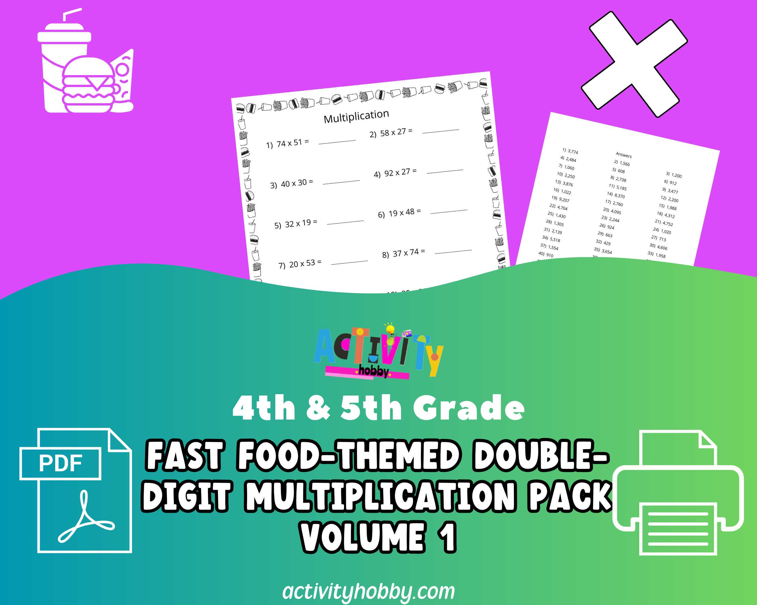 4th & 5th Grade - Fast Food Fun with Math Multiplication Pack - Double-Digit