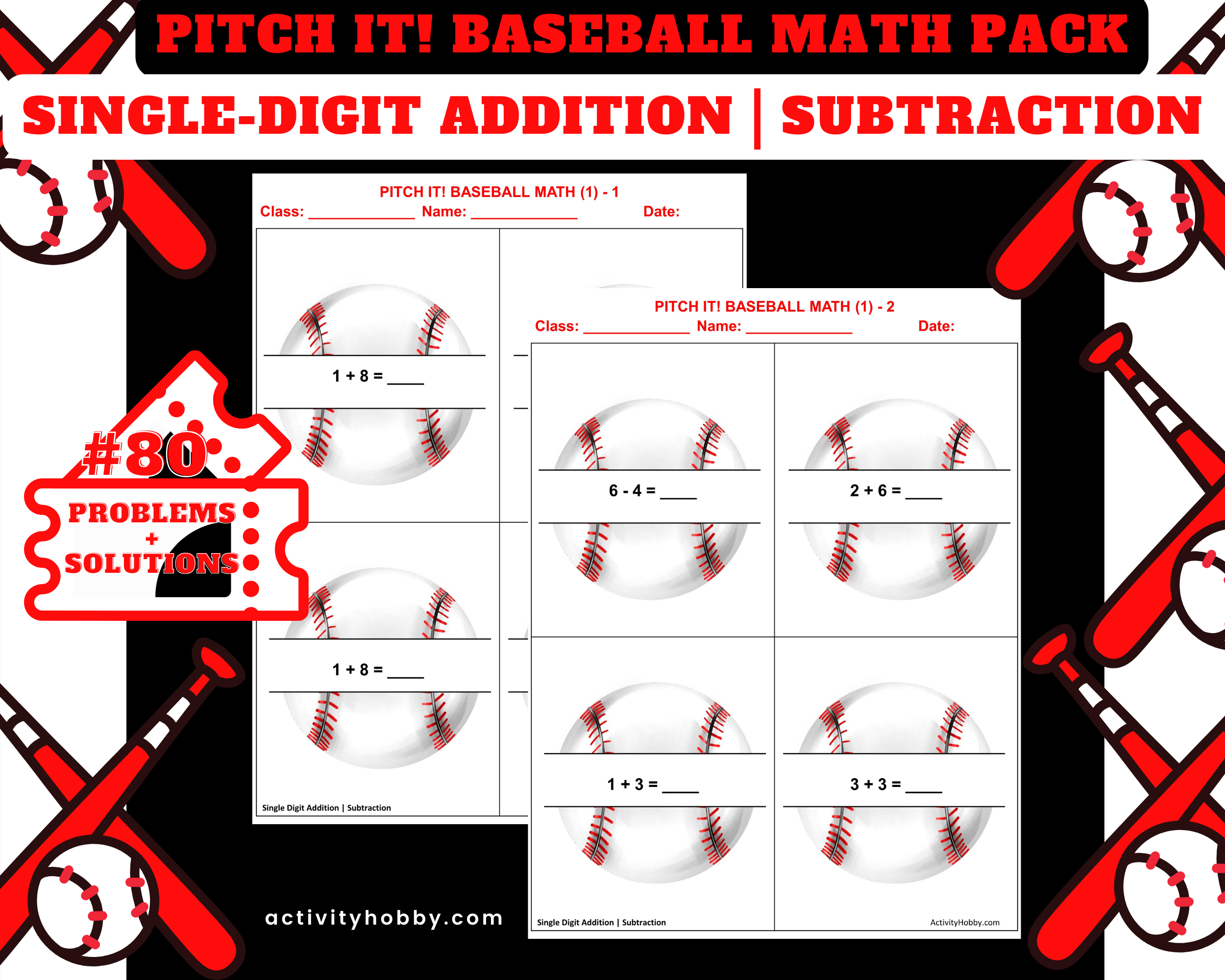 1st & 2nd Grade Baseball-Themed Addition & Subtraction Pack - Single-Digit