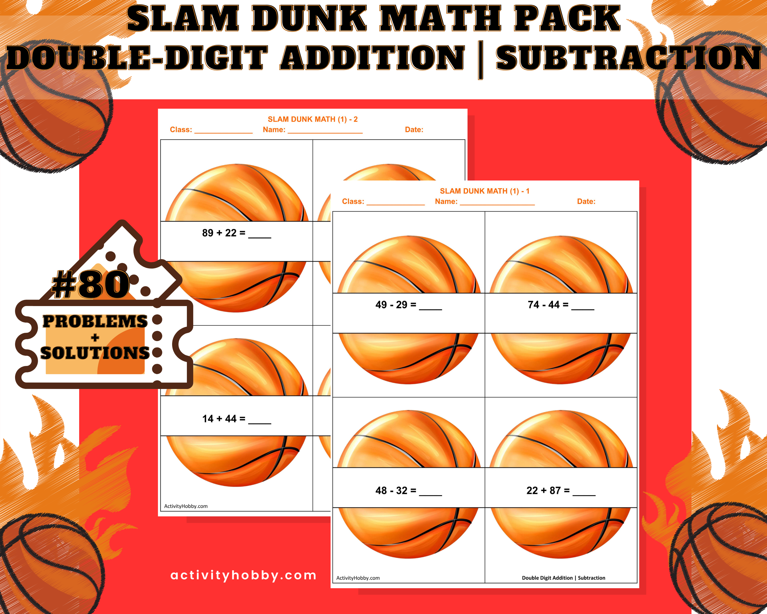 3rd & 4th Grade Basketball-Themed Addition & Subtraction - Double-Digit