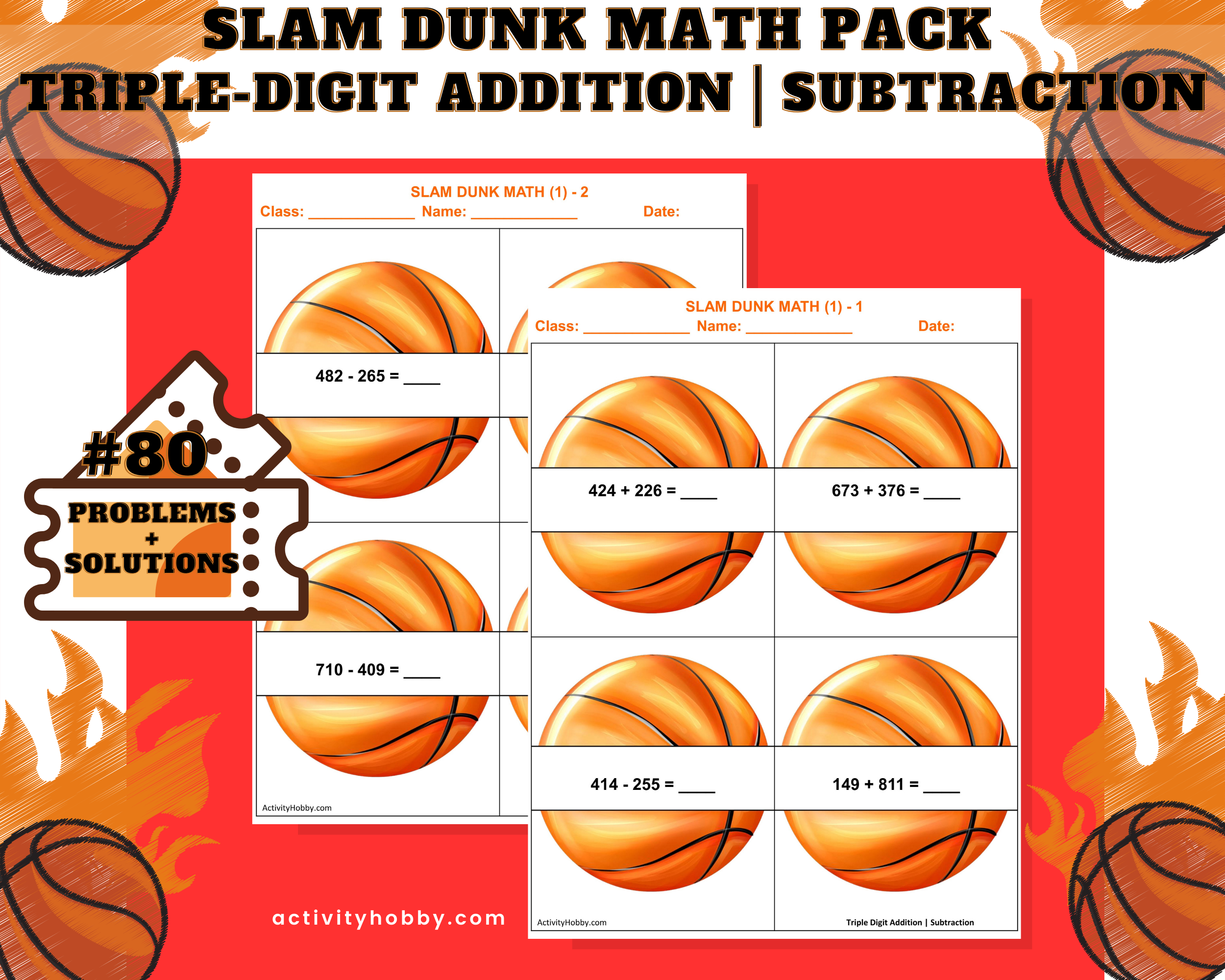 5th & 6th Grade Basketball-Themed Addition & Subtraction - Triple-Digit
