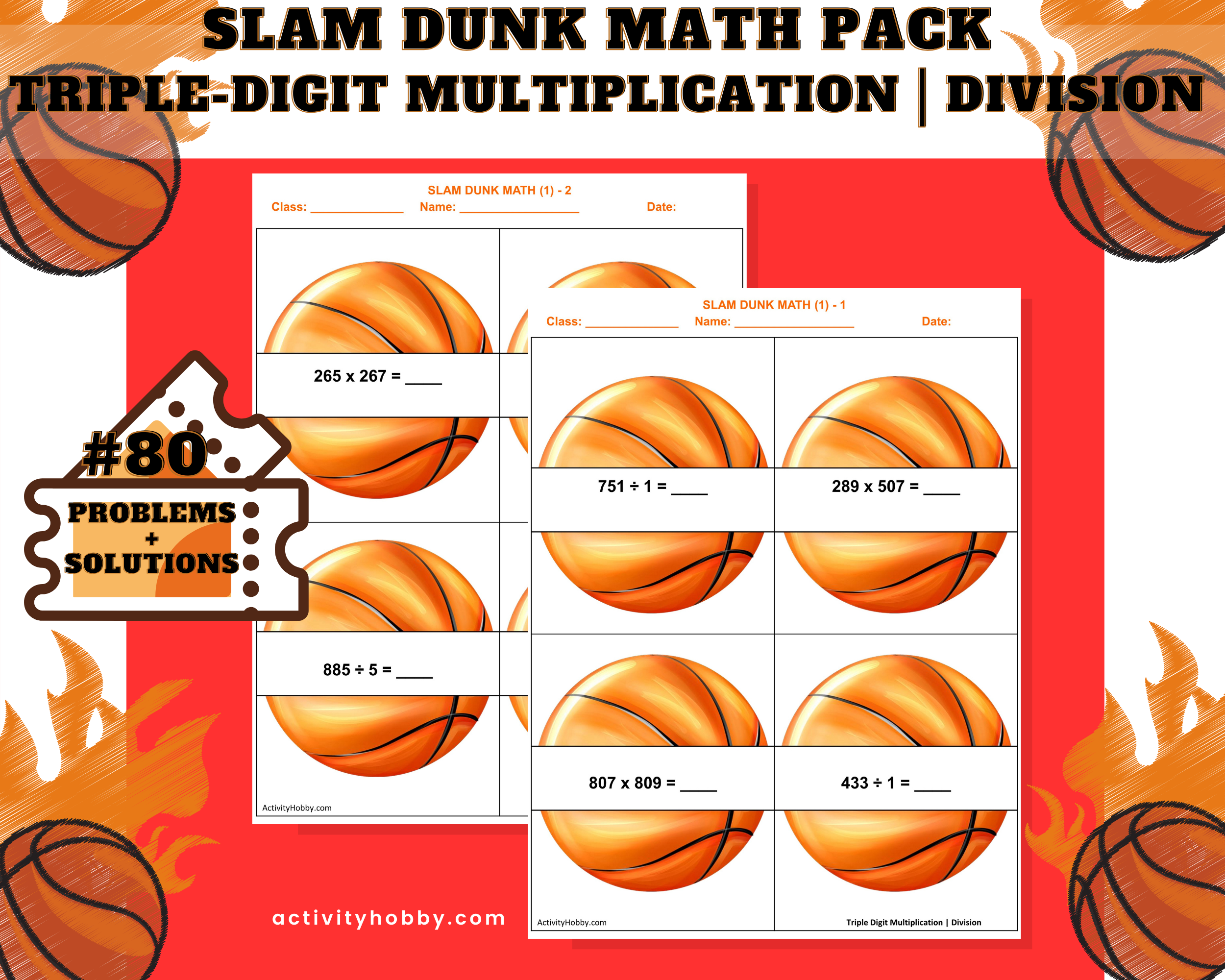 5th & 6th Grade Basketball-Themed Multiplication & Division - Triple-Digit