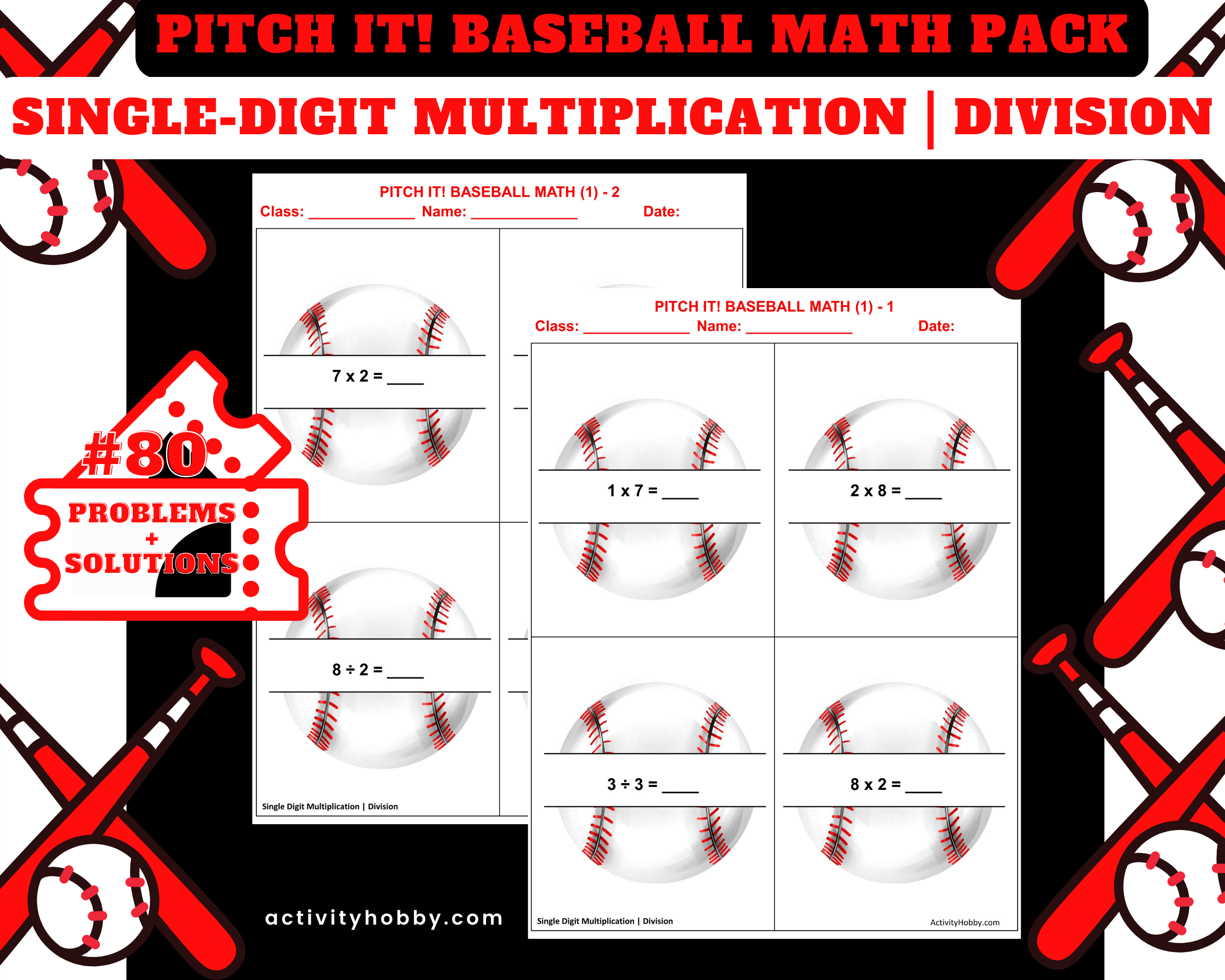 2nd & 3rd Grade Baseball-Themed Multiplication & Division - Single-Digit