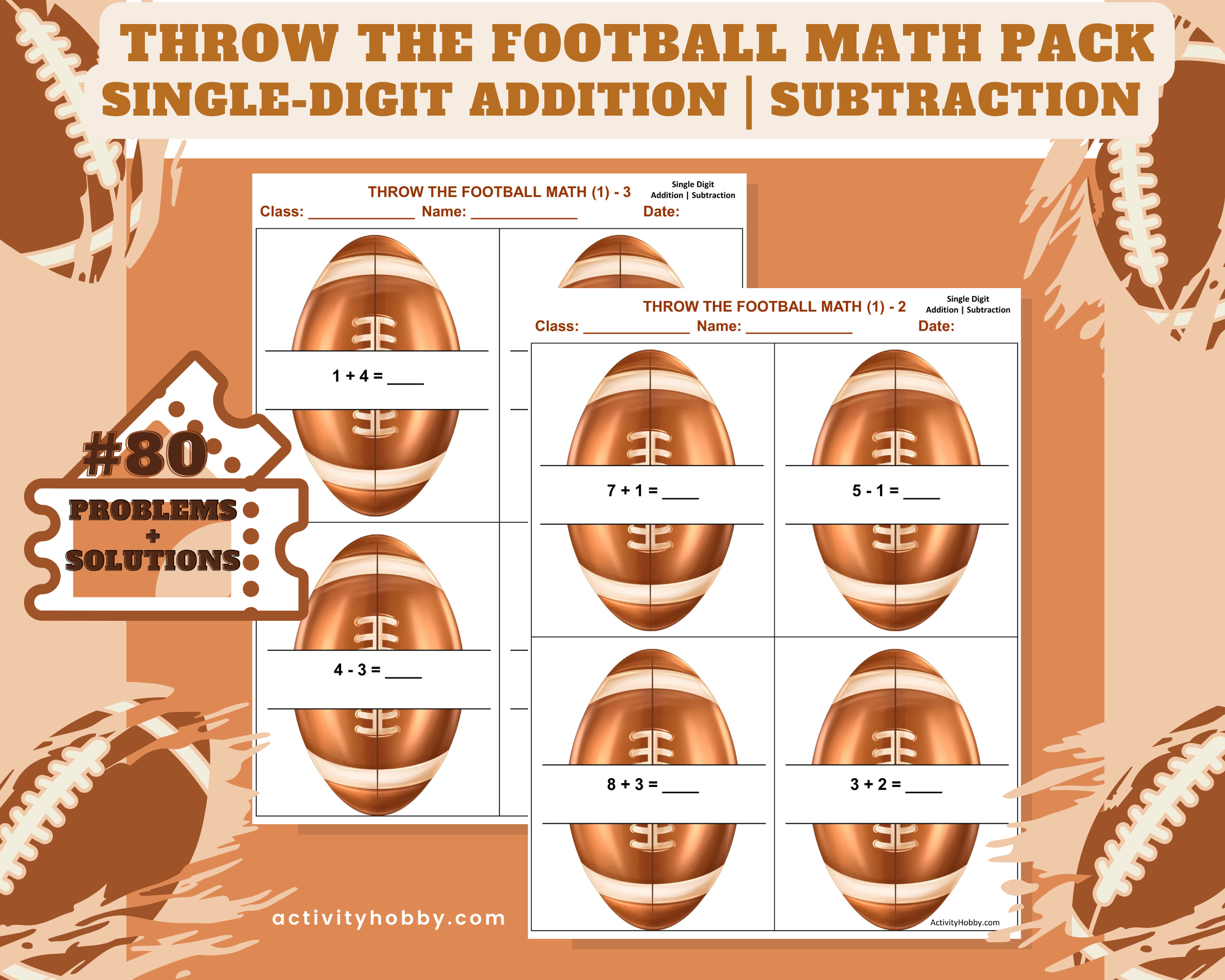 1st & 2nd Grade Football-Themed Addition & Subtraction- Single-Digit