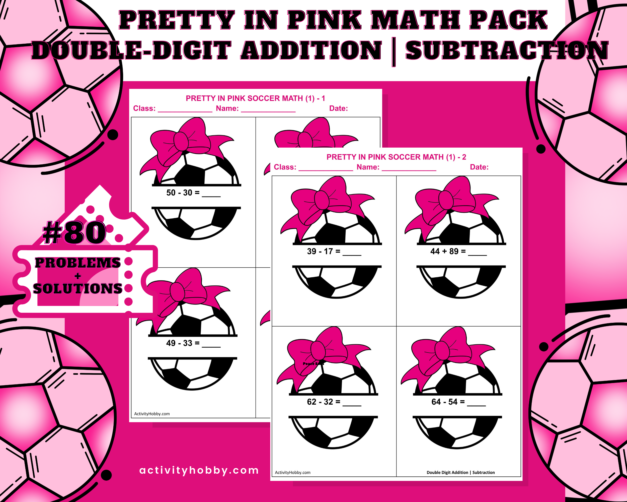 3rd & 4th Grade Pink Bow Soccer-Themed Addition & Subtraction - Double-Digit